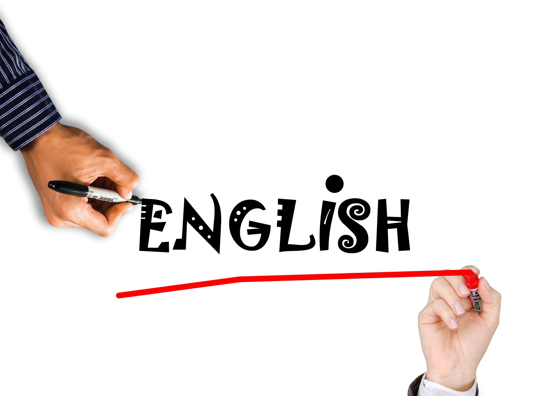 Two hands drawing and underlining the word English to introduce English language and literature differences