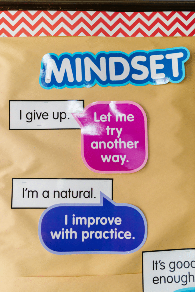 A mindset bulletin board supporting a structured learning routine for kids