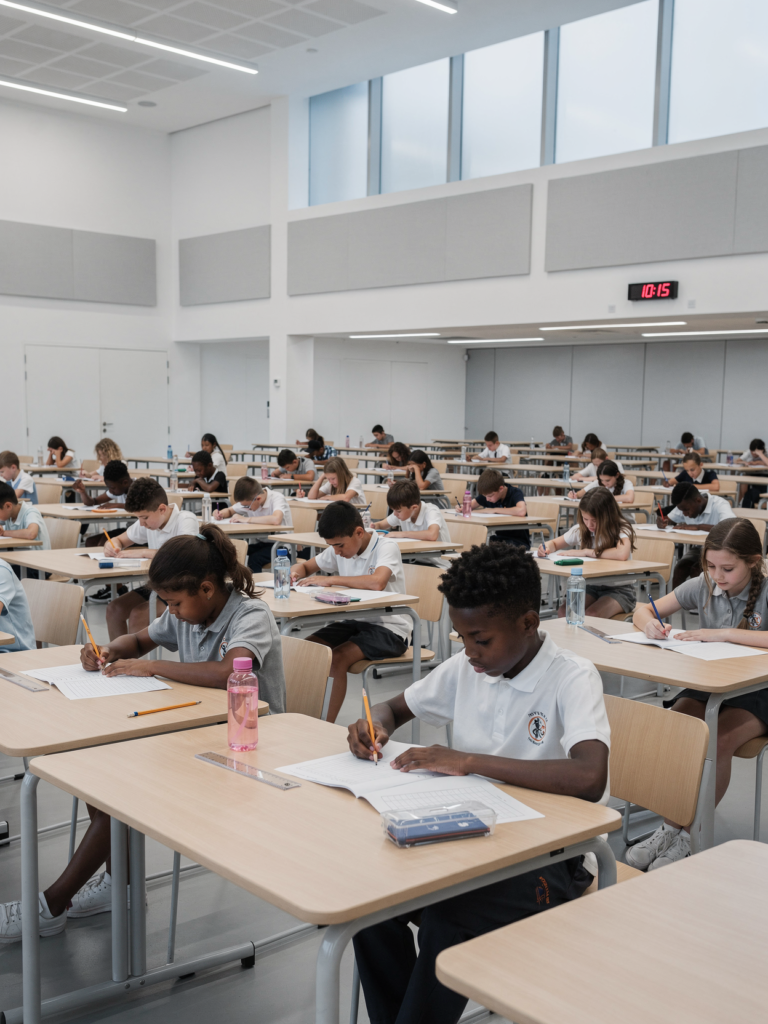 Students sitting at desks in a quiet exam room highlighting the need for Year 6 SATs support