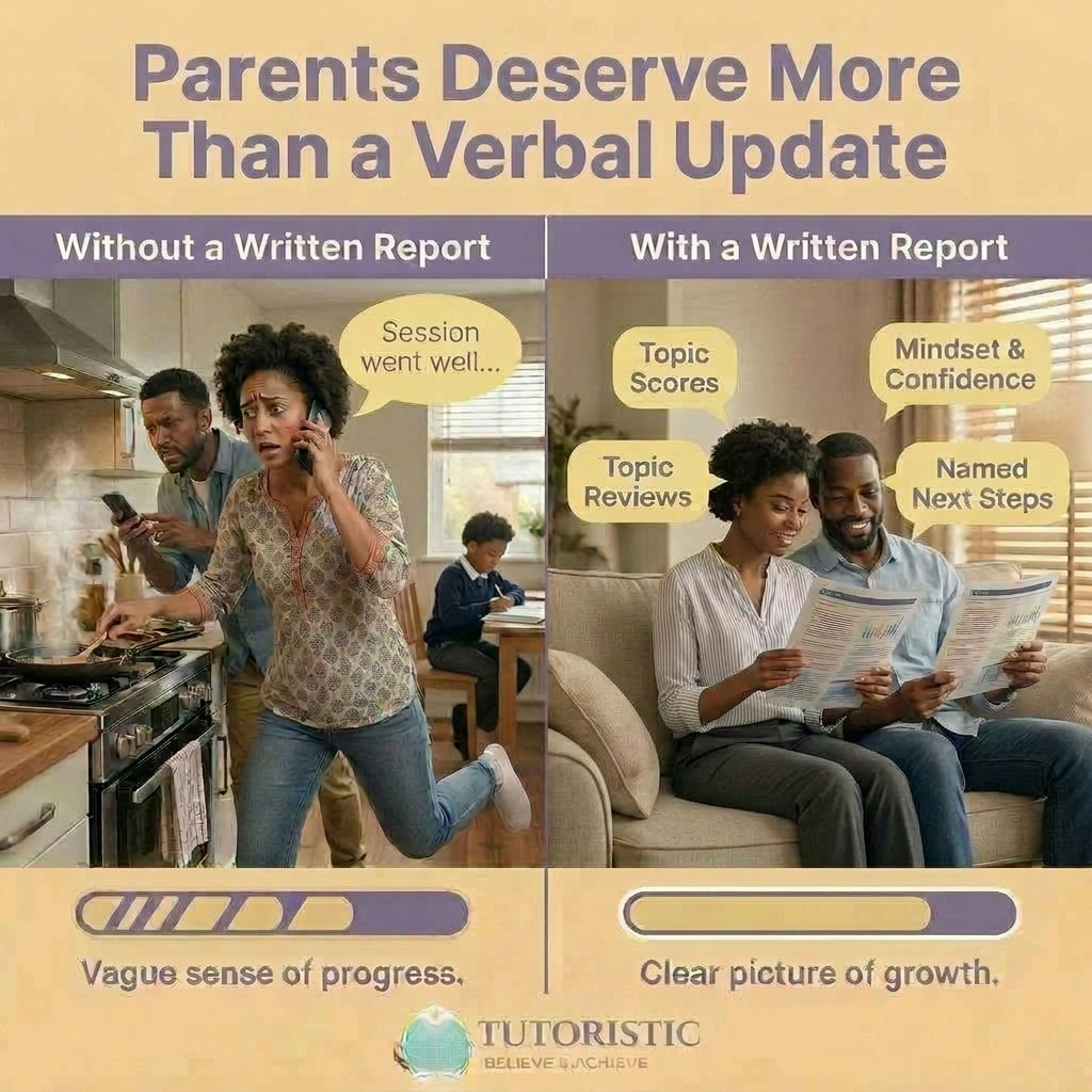 A split screen image showing a busy parent on the phone while cooking versus calm parents reading a written progress report on a sofa