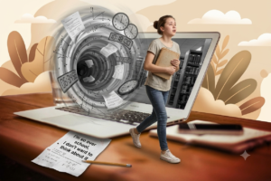 A conceptual and surreal illustration showing a teenage girl with a pained expression walking away from a laptop computer. She is pulling her body free from a chaotic, swirling vortex of schoolwork that is issuing from the screen, filled with test papers, mathematical equations, history dates (like 1066), a globe, a microscope, and multiple clocks showing different times. She holds a heavy textbook in her arms and is stepping onto a wooden table. On the table, a piece of crumpled paper has handwritten text that reads: "I'm so over school, I don't want to think about it." A pencil is beside it. The background features abstract, soft brown leaf and cloud shapes.