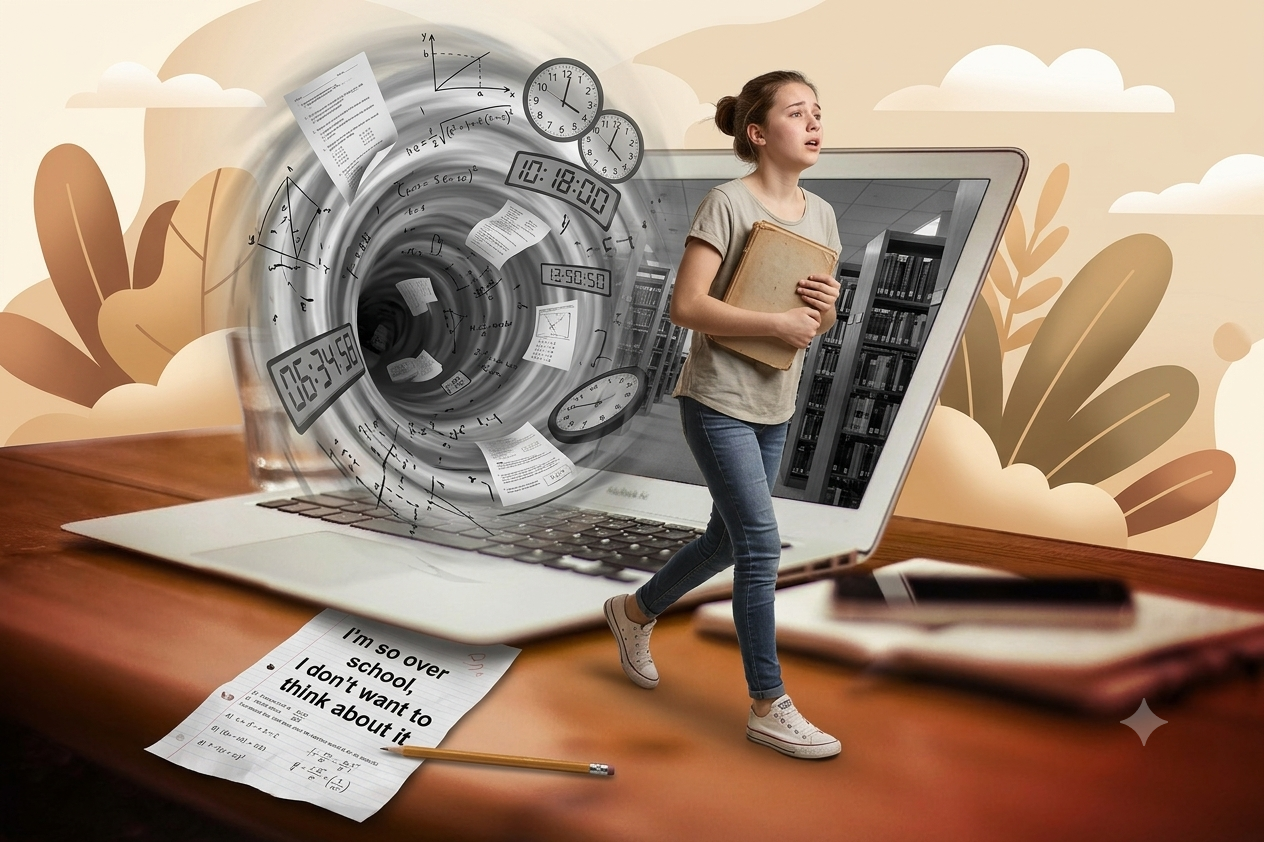 A conceptual and surreal illustration showing a teenage girl with a pained expression walking away from a laptop computer. She is pulling her body free from a chaotic, swirling vortex of schoolwork that is issuing from the screen, filled with test papers, mathematical equations, history dates (like 1066), a globe, a microscope, and multiple clocks showing different times. She holds a heavy textbook in her arms and is stepping onto a wooden table. On the table, a piece of crumpled paper has handwritten text that reads: "I'm so over school, I don't want to think about it." A pencil is beside it. The background features abstract, soft brown leaf and cloud shapes.